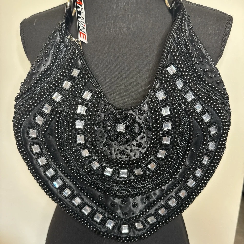 Y2K FAR NINE Black Beaded Mirror Shoulder Bag Vintage Boho Hobo Purse - Picture 2 of 8
